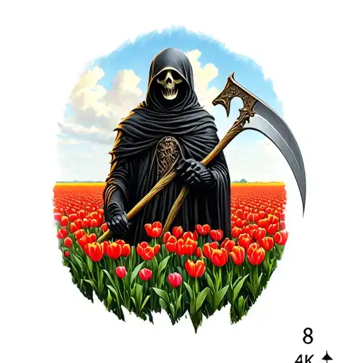 Reaper Holding A Scythe In A Tulip Field