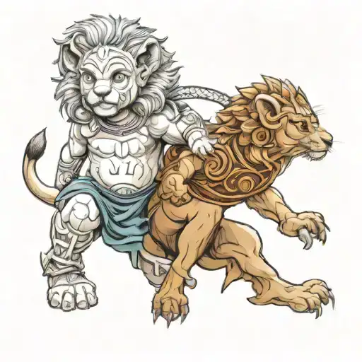 Little Spartan Boy With A Mythical Lion Creature As A Pet