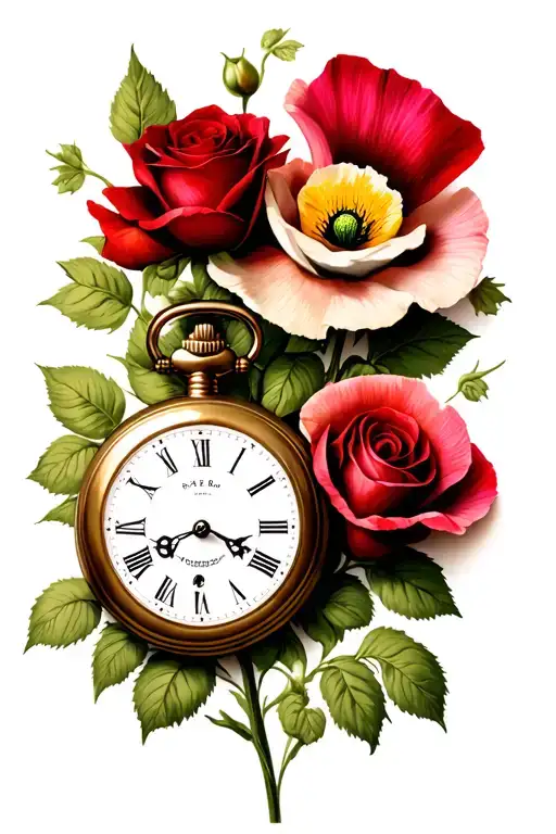 Gentleman's Pocket Watch Surrounded By A Rose And A Poppy