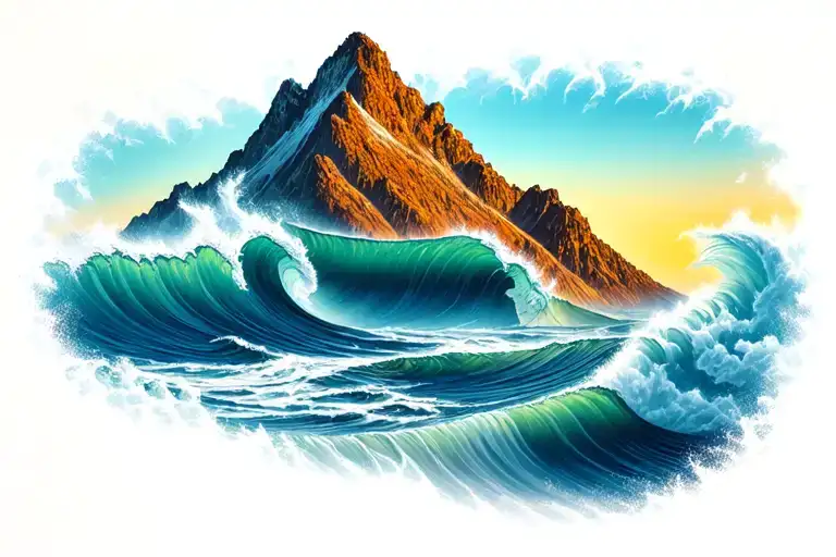 Mountain And Waves Crashing In The Background
