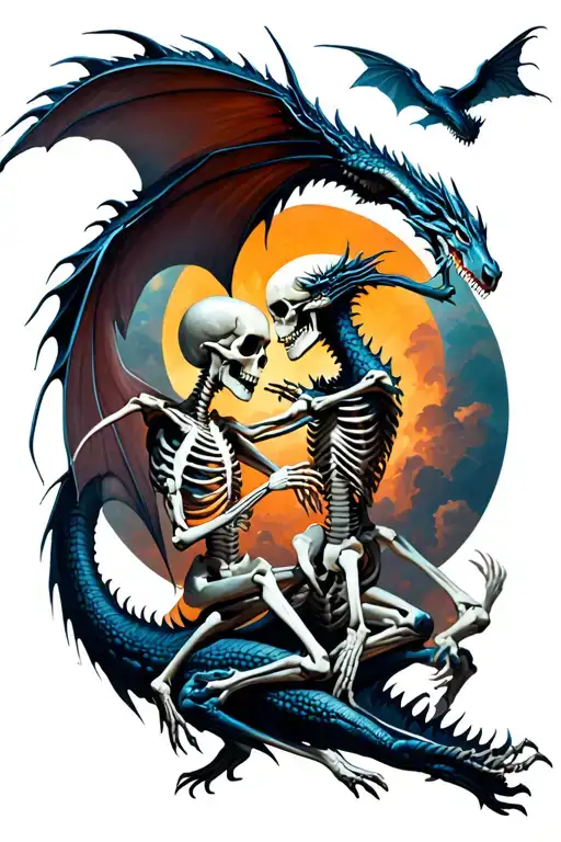 Skeleton Fighting Each Other With Dragons Flying