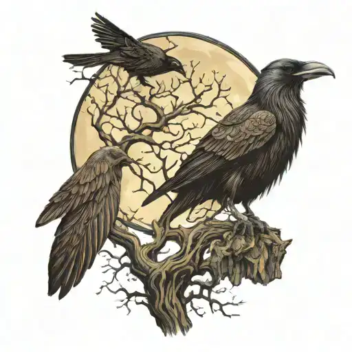 Viking Raven Perched Tree Branches Moon