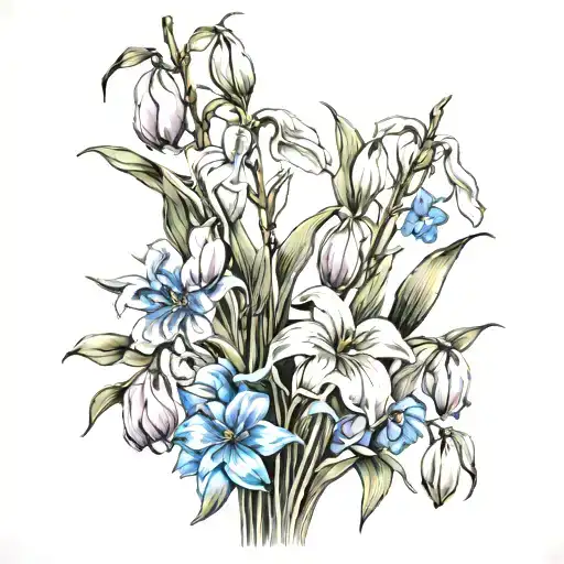 Weeping Willow Branches With Tulips And Forget Me Knots