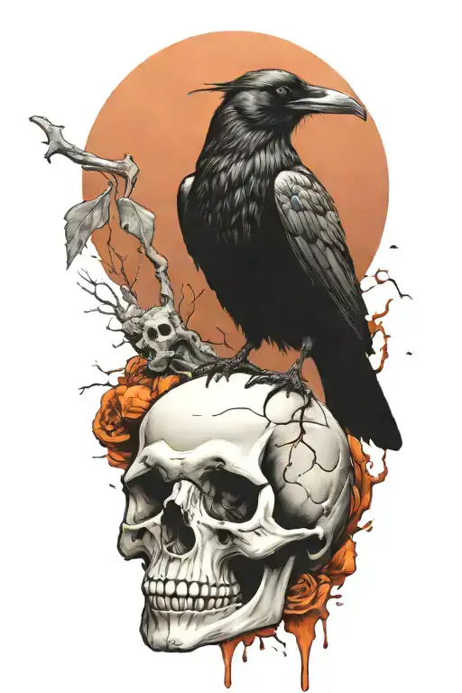 Raven Perched On Skull