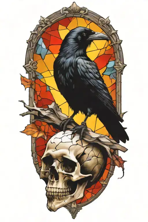 Raven Perched On Skull With Stained Glass Shards