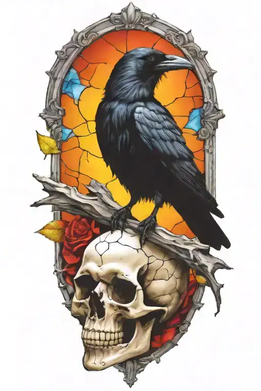 Raven Perched On Skull With Stained Glass Shards