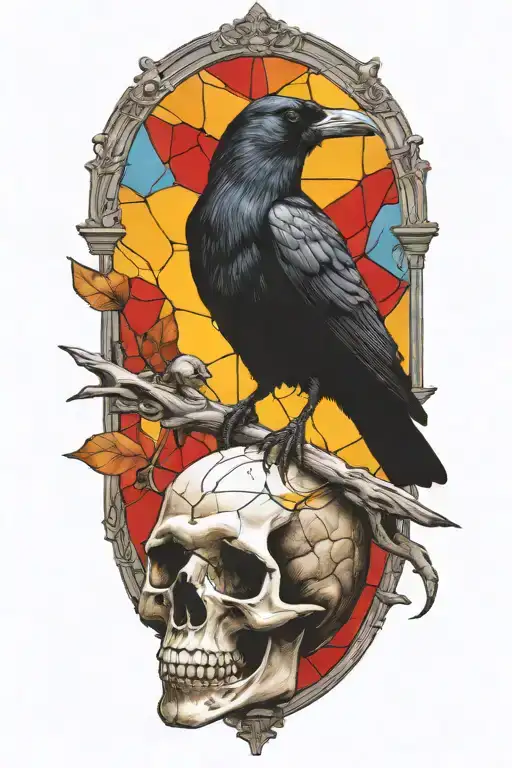 Raven Perched On Skull With Stained Glass Window