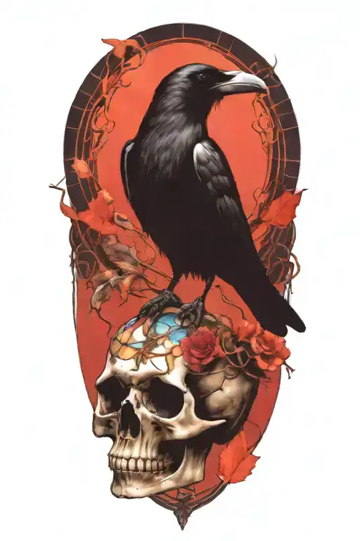 Raven Perched On Skull With Stained Glass Window