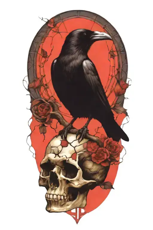 Raven Perched On Skull With Stained Glass Window