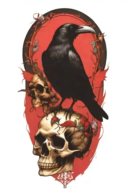 Raven Perched On Skull With Stained Glass