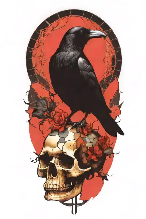 Raven Perched On Skull With Stained Glass Background