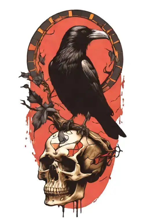 Raven Perched On Skull With Stained Glass