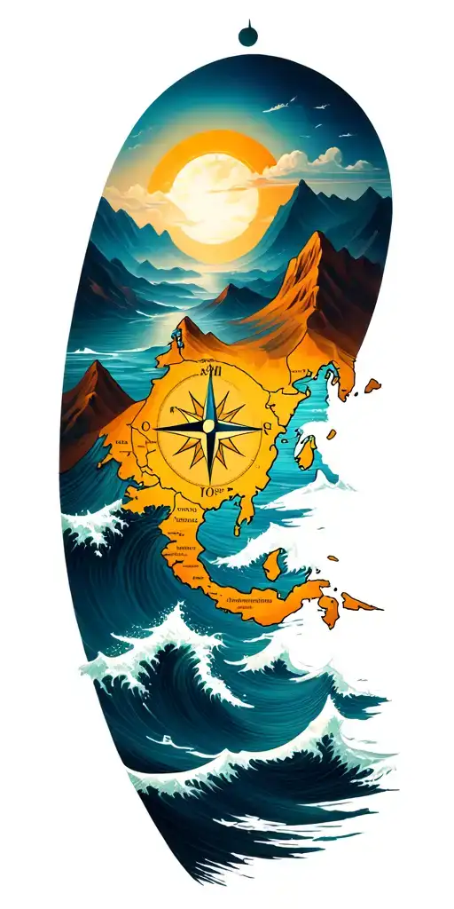 Map Outline With Compass Mountains And Waves