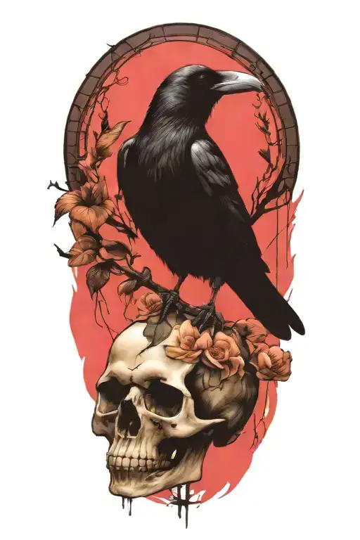 Raven Perched On Skull With Stained Glass