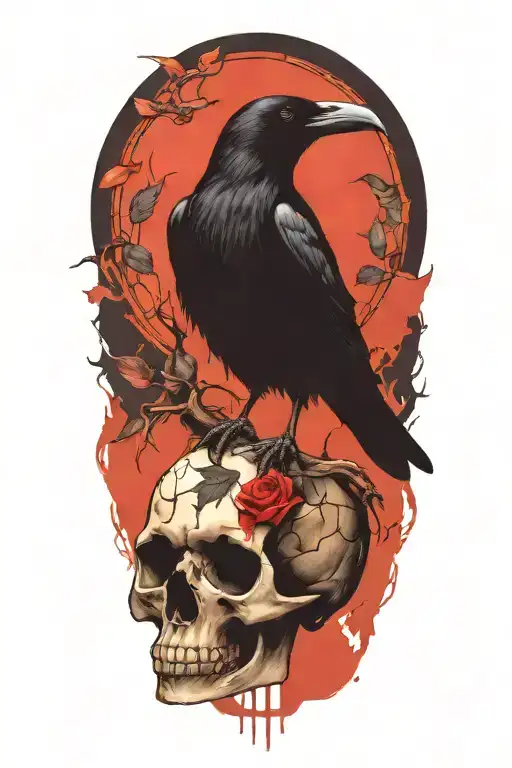 Raven Perched On Skull With Stained Glass