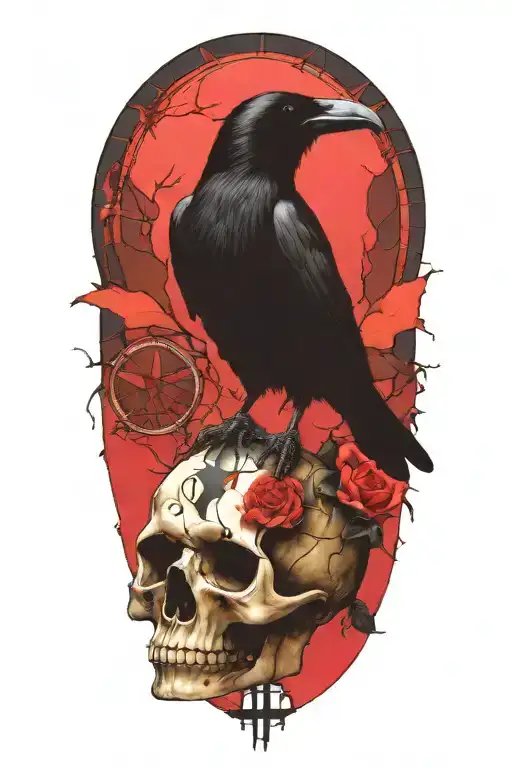 Raven Perched On Skull With Stain Glass Window Background