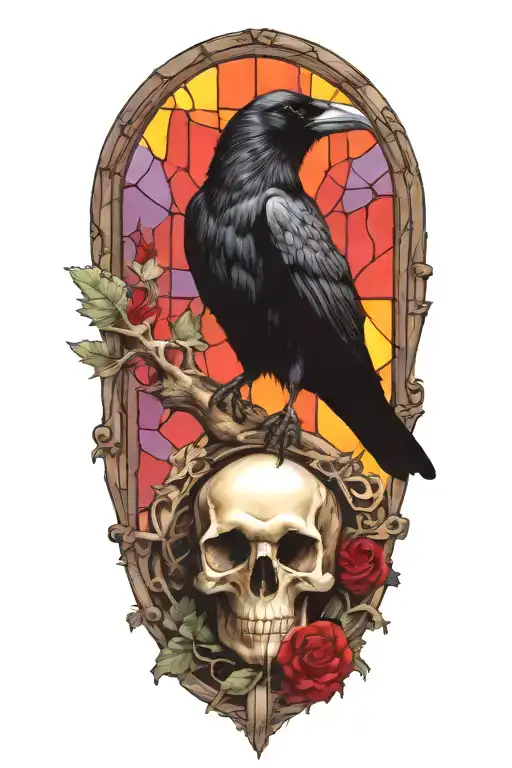 Raven Perched On Skull With Stain Glass Window Background