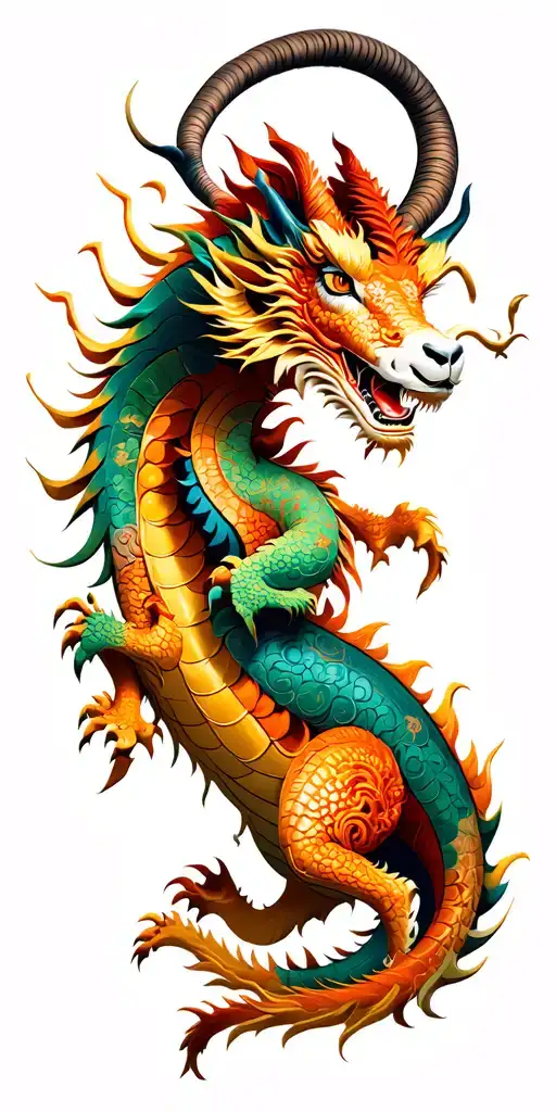 Chinese Zodiac Dragon And Goat Over Temple Walls Crumbling