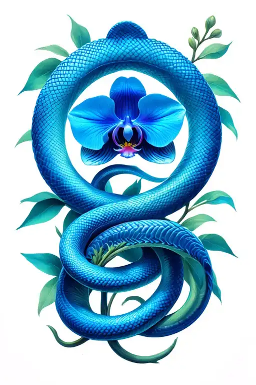 Blue Orchid Intertwined With A Snake Wrapped Loosely To Circle Forearm
