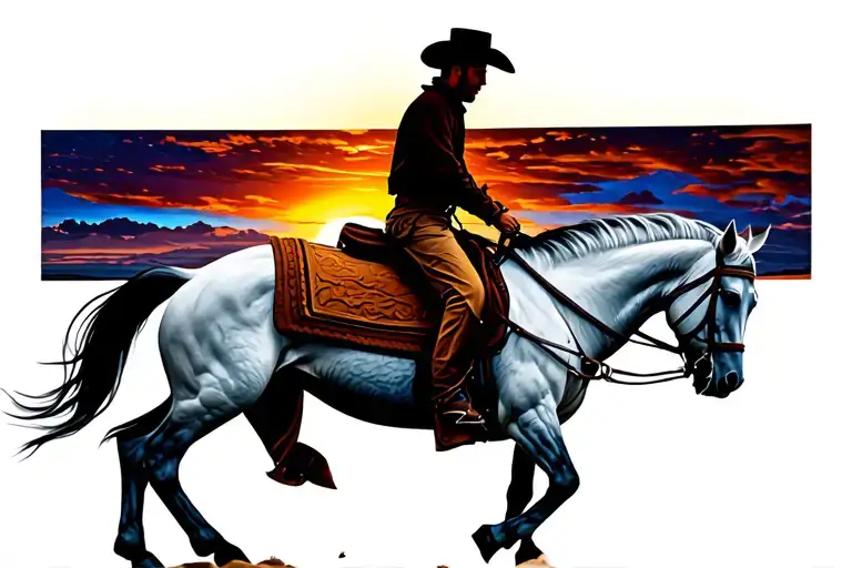 Cowboy Riding A Horse With A Colorful Sunset