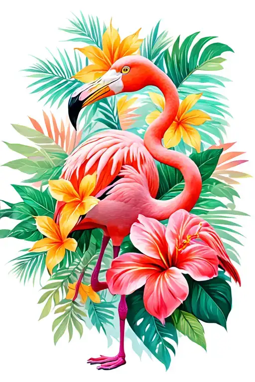 Tropical Flowers W Flamingo Surrounded By Vines