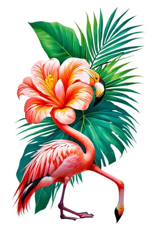 Tropical Flowers W Flamingo Standing