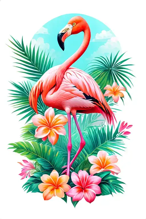Tropical Flowers W Flamingo Standing Tall Amidst