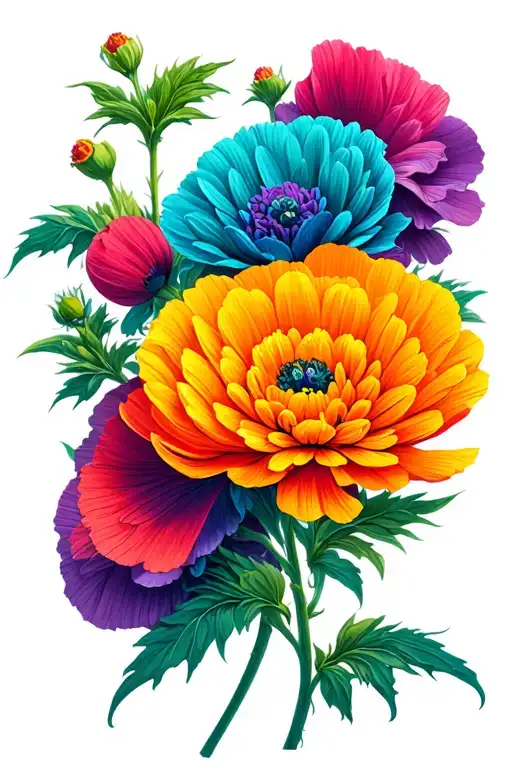 Merge A Colored Poppy Flower With A Colored Chrysanthemum And Intertwine The Stems