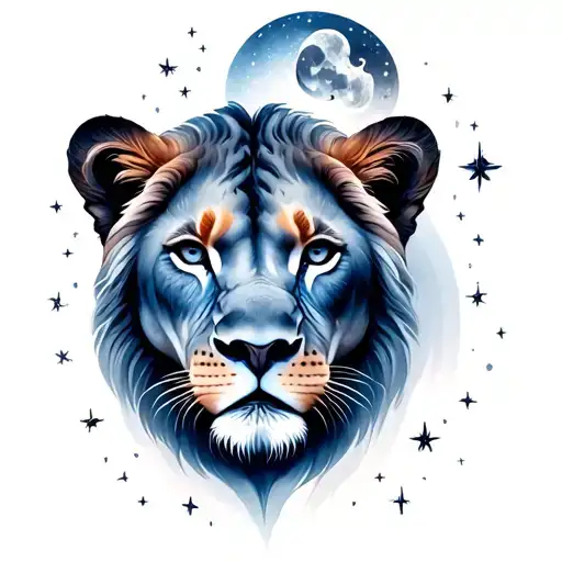 Lioness Face With Moon Surrounded By Stars And Cosmos