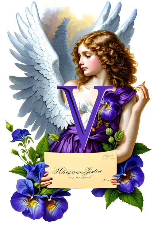 A Fallen Angel Holding The Letter V With Viola Flowers Surronding The Angel