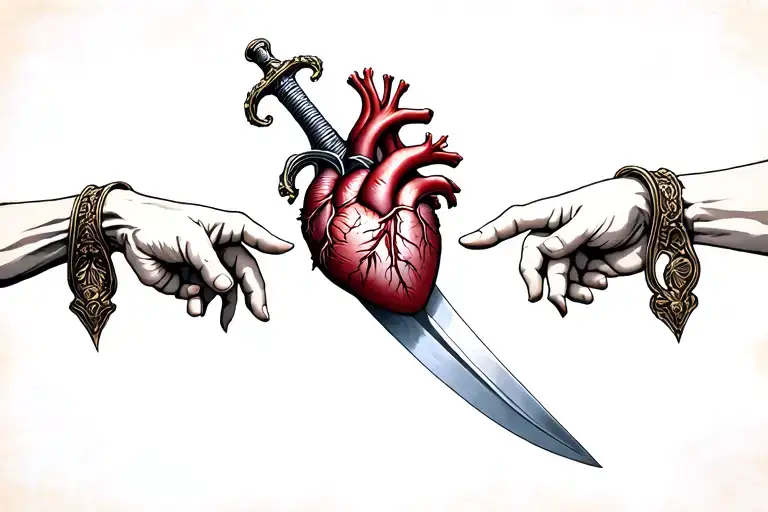 Sword With Two Hands Reaching One Pointing With A Human Heart In The Middle