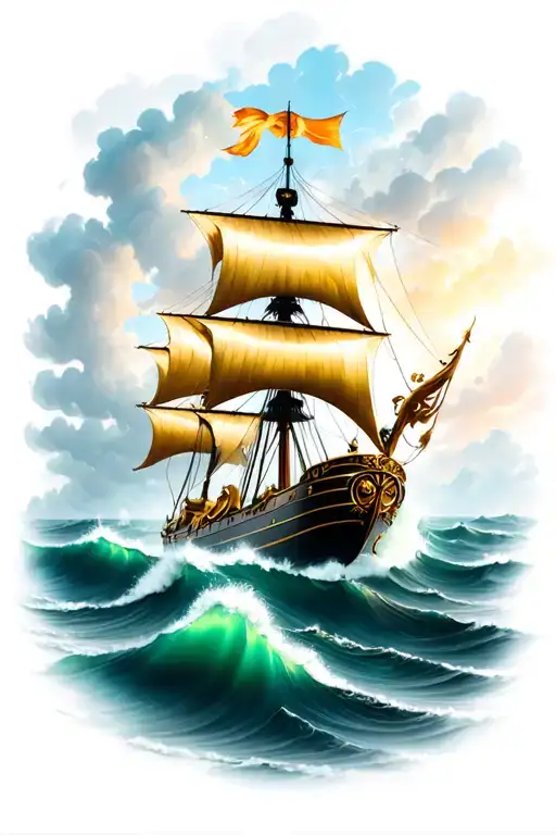 Golden Hinde Ship Sailing Through Stormy Seas