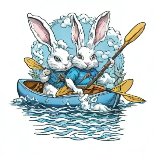 Three White Rabbits With Blue Eyes Kayaking