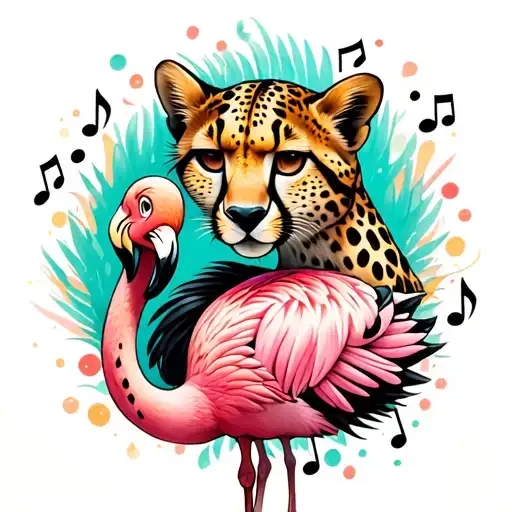 Funny Cute Goofy Cartoon Like Flamingo Surrounded Music Notes Some Cheetah