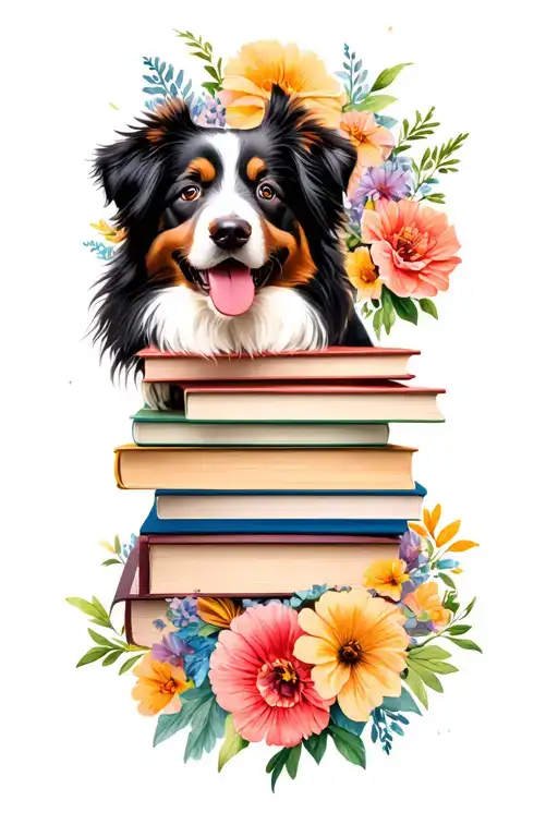 Stack Of Books With Australian Shepherd And Flowers