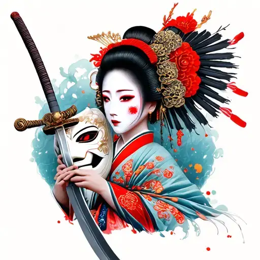 Geisha Holding A Katana Oni Mask