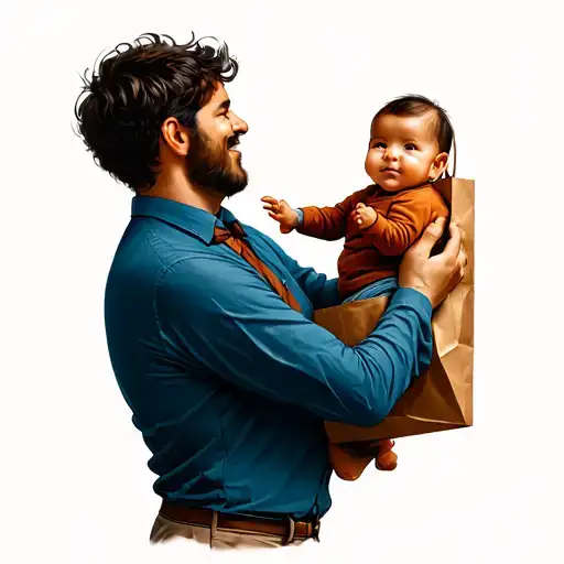 Happy Paper Bag Man Holding A Baby