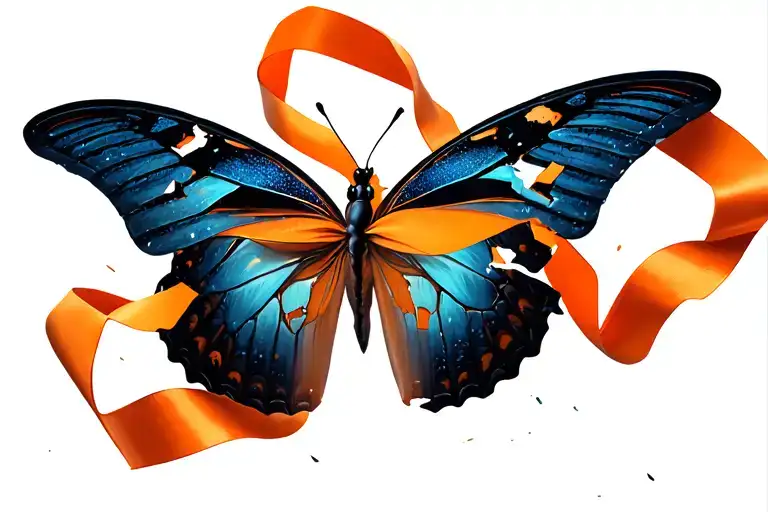 Partially Shattered Butterfly With An Orange Ribbon Around It