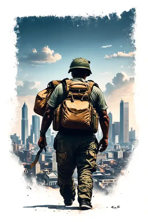 Solider Leaving Home With Bags Packed Behind The Columbus Ohio Skyline