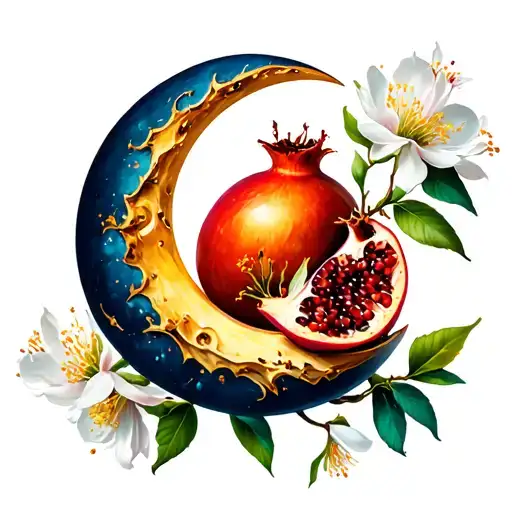 Crescent Moon Cradling A Pomegranate Blossom