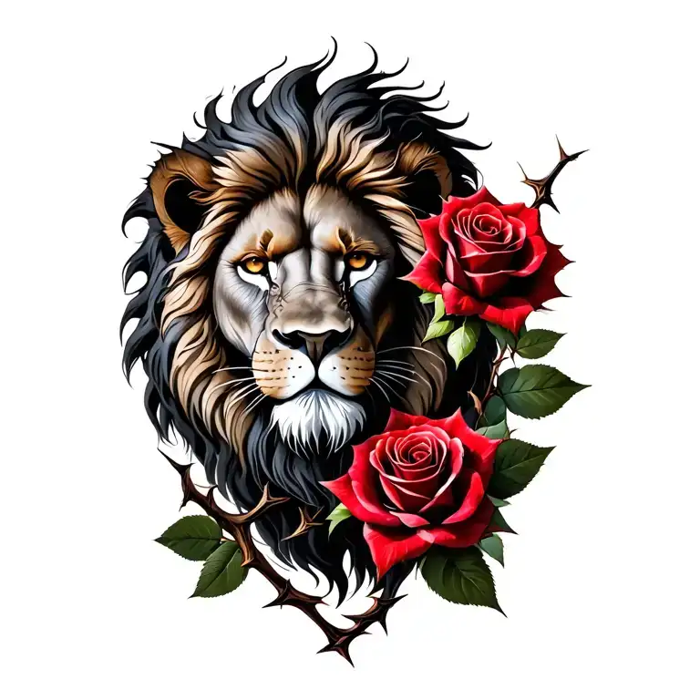 Lion And Two Red Roses With Thorns Wrapped