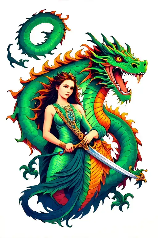 Dragon Protecting Woman Holding A Sword