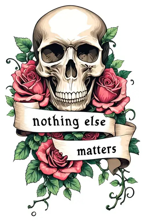 Skull With Roses And Vines Wrapped In Text Sayinf Nothing Else Matters
