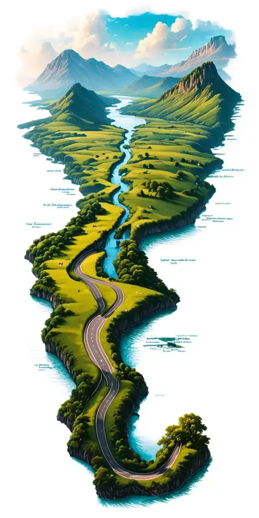 Windy Road Down Along Side A River The Middle Of A Map