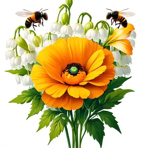 A Marigold Flower Surrounded By A Lilly Of The Valley And A Poppy Gladiolus With 2 Bees