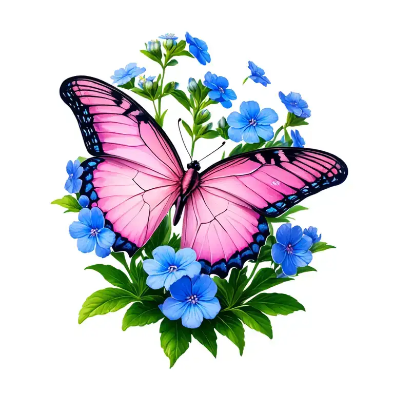 Forget Me Nots And Pink Butterfly Emerging