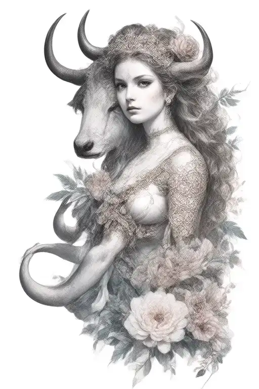 Taurus Goddess With Bull And Flowers
