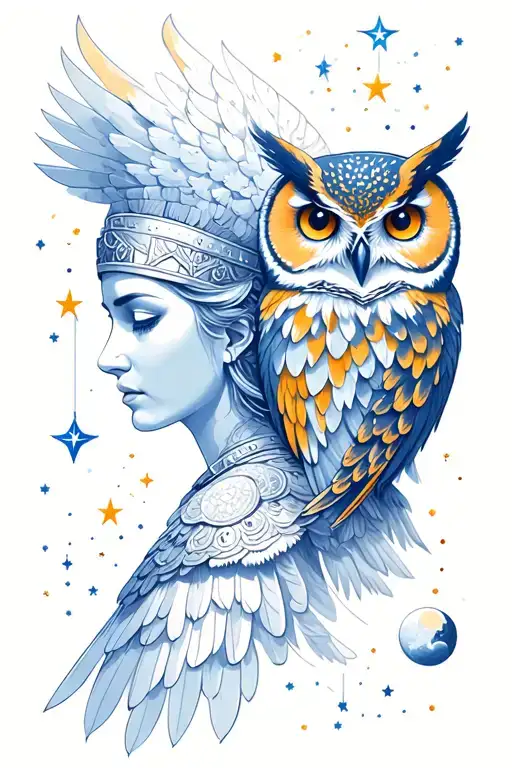 Goddess Athena And Owl With Stars And Moons Constellation Background