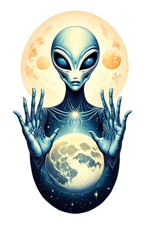 An Enlightened Alien With Slender Fingers And A Third Eye Crossing The Moon In Space