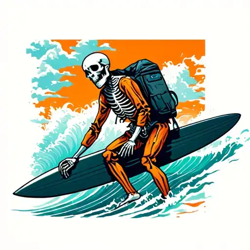 Surfing Skeleton In Orange Jumpsuit And A Black Headsack